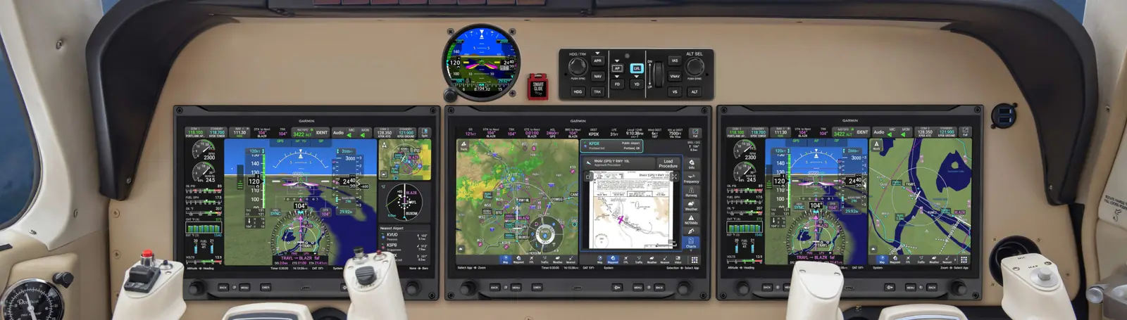 A wide view of three Garmin AXIS flight displays across a Beechcraft Bonanza panel, showing the primary flight display, a moving map with an approach chart, and a second display.